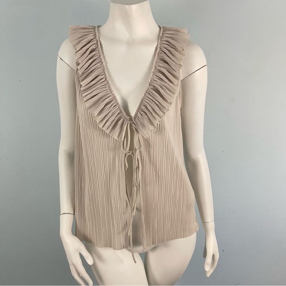 Zara Sleeveless V-neck Rufle Pleated Tie Front Top Blouse Size M - Picture 3 of 15